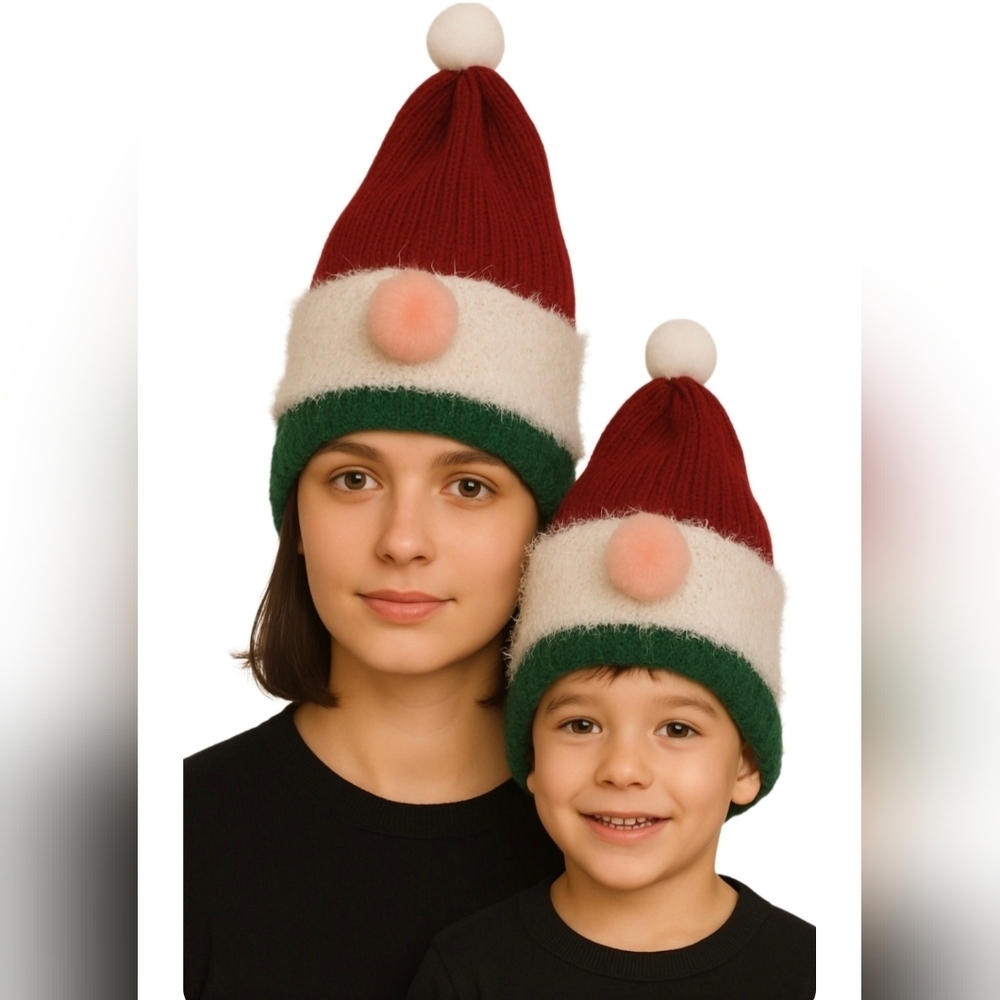 Hand Crafted Kids Festive Red Green Knit  Gnome Hat Faux Fur Beanie Hat Crochet